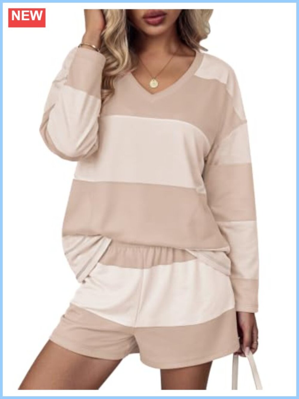 Women's Lounge Sets Long Sleeve Shorts Set V-Neck with Pockets 2 Piece